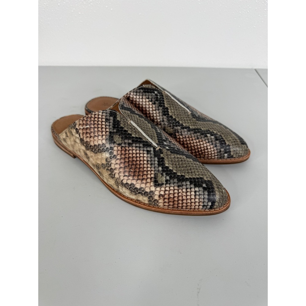 Frye Kenzie Venetian Mules Snakeskin Embossed Leather Flats Brown Tan 8M